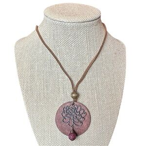 Boho Metal and Wood Floral Pendant on Adjustable Leather Pendant